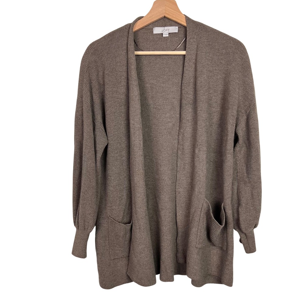 LOFT Womens Brown Ribbed Open Front Cardigan Balloon Sleeve Pocket Large L